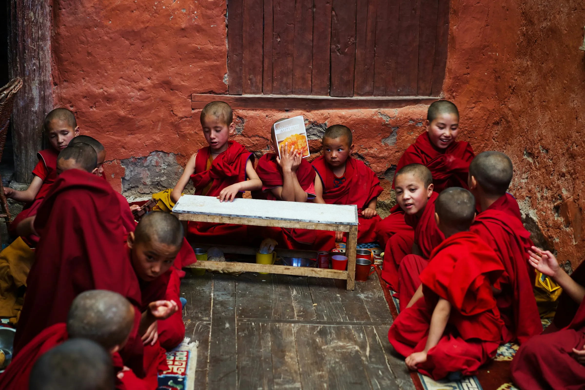 Monks studying in monastery